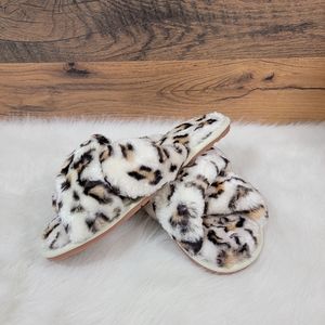 NEW Leopard Criss-Cross Fuzzy Slip-On Slippers